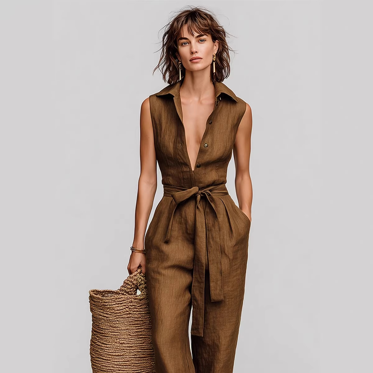 Retro Unisex Sleeveless Collared Tie-Waist Jumpsuit