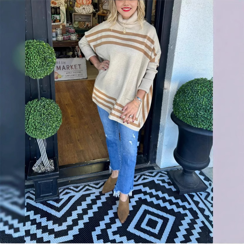 Women's Striped Turtleneck Batwing Sleeve Knit Sweater