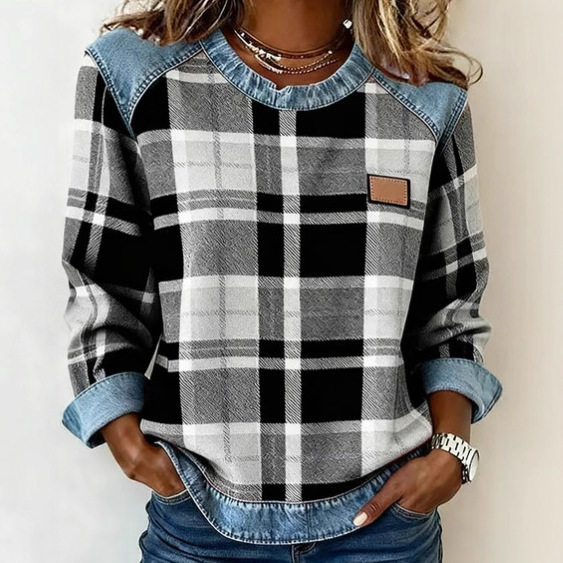 Plaid Spliced Denim Crewneck Loose Women's Sweatshirt