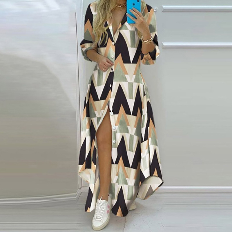 Women's Printed V-Neck Long Sleeve High Waist Irregular Hem Single-Breasted Dress