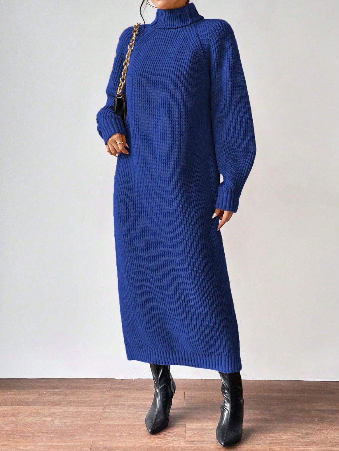 Women's Turtleneck Long Sleeve Knit Sweater Dress Solid Color Long Pullover