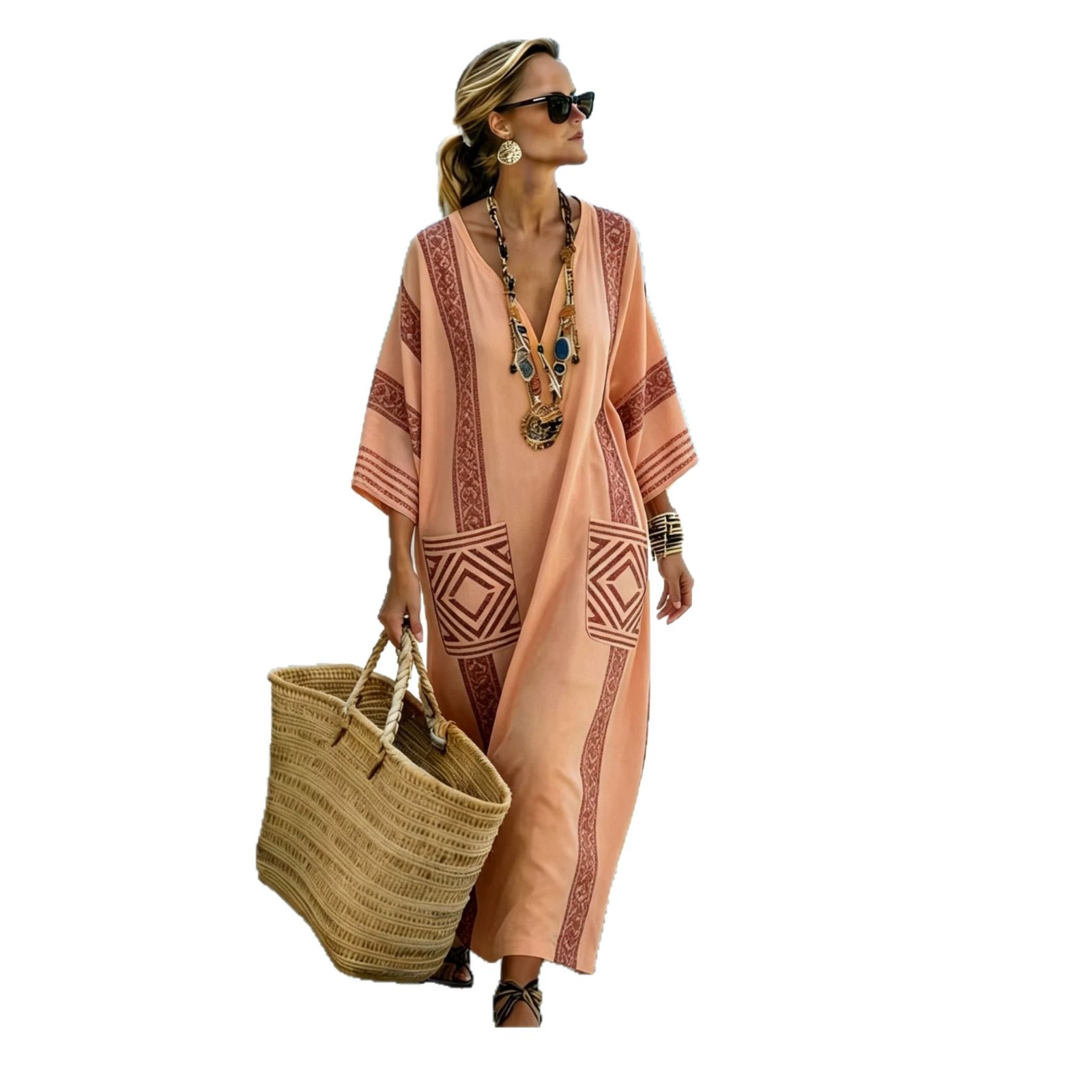 Women's Boho Floral Print Midi Dress Deep V-Neck Five-Sleeve Slim Fit
