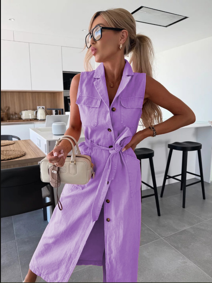 Sleeveless Long Belted Single-Breasted Denim Dress