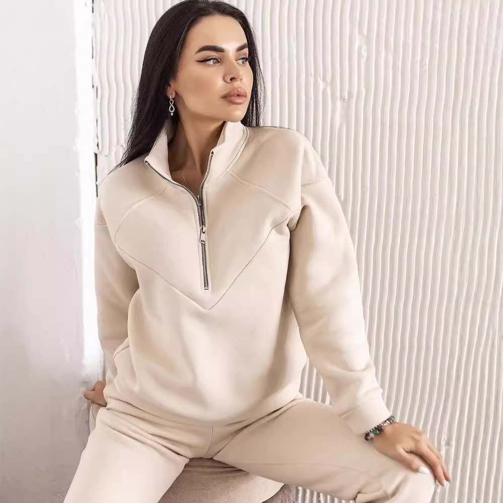 Fleece-Lined Hoodie and Jogger Two-Piece Set, Solid Color Long Sleeve