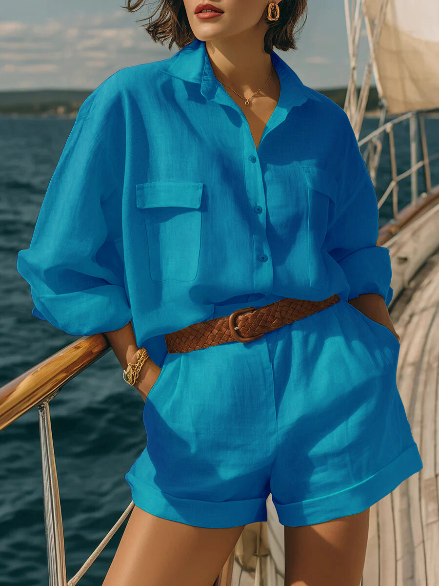Women's Solid Color Cotton-Linen Loose Button-Front Shirt and Shorts Casual Set