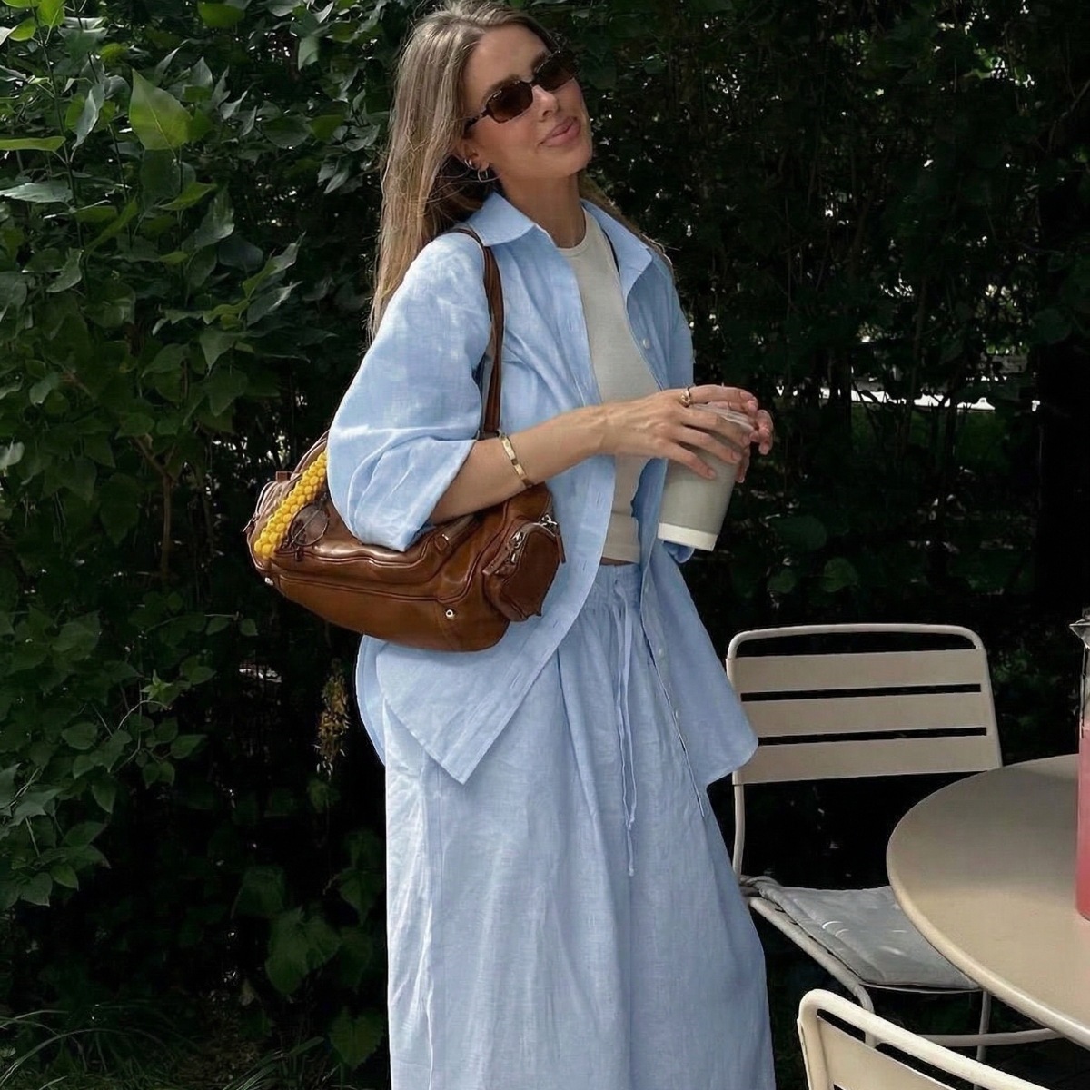 Women's Solid Linen Shirt and Pants Set Long Sleeve Loose Fit Two-Piece