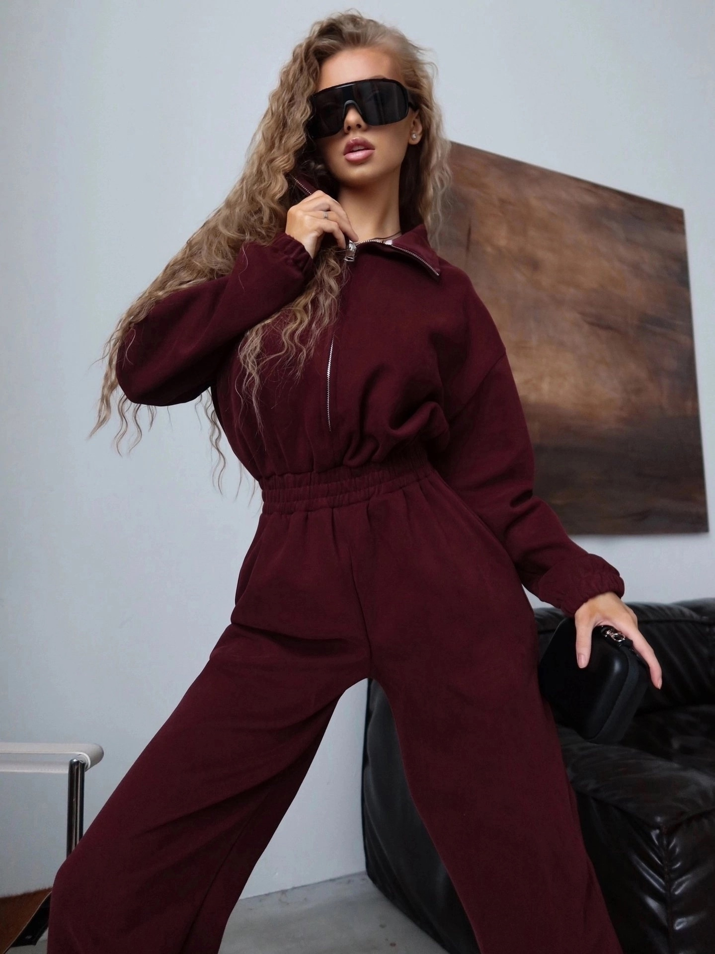Women's Cotton-Blend Long-Sleeve Zip-Front Collared Jumpsuit Solid Color