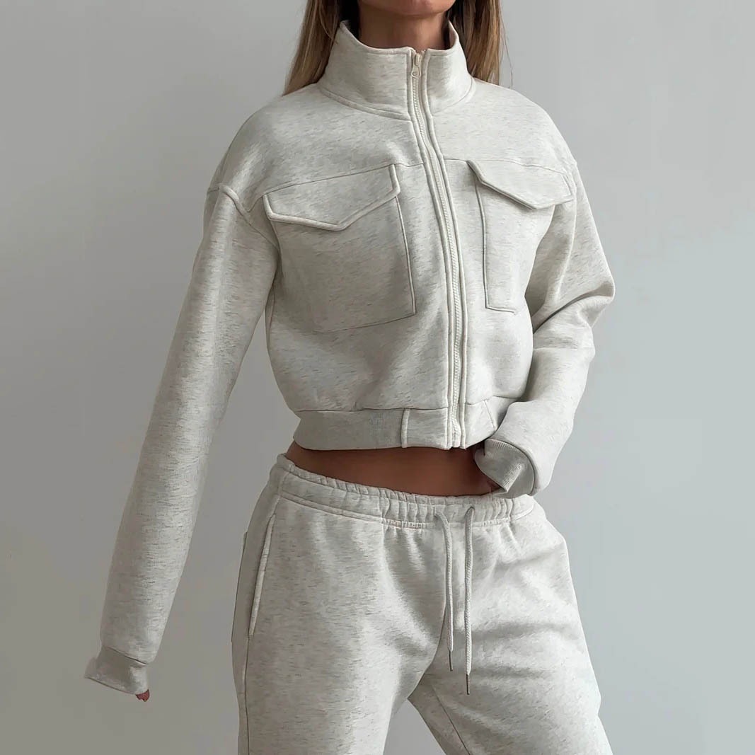 Women's Casual Two-Piece Set Zip-Up Cropped Hoodie and Pants