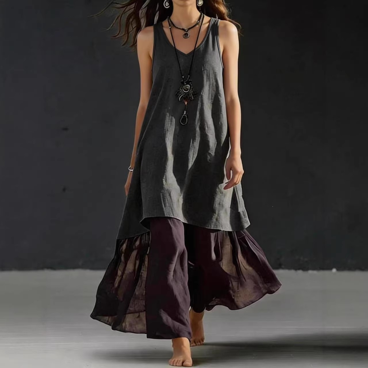 Solid Color Sleeveless V-Neck A-Line Maxi Dress