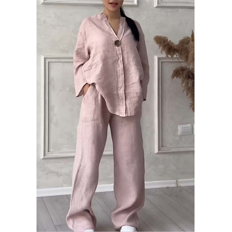 Women's Solid Color Short Sleeve Shirt and Long Pants Set Casual Two-Piece Outfit