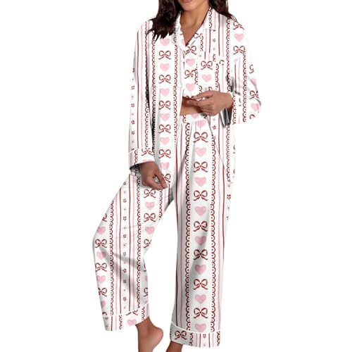 Women's Cuban Collar Christmas Bow Print Long Sleeve Shirt Set
