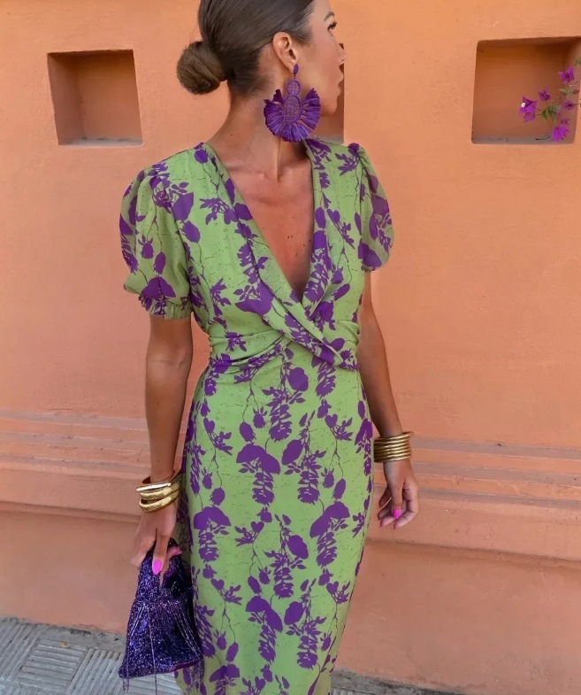 Women's Ruched Print V-Neck Short Sleeve Midi Dress