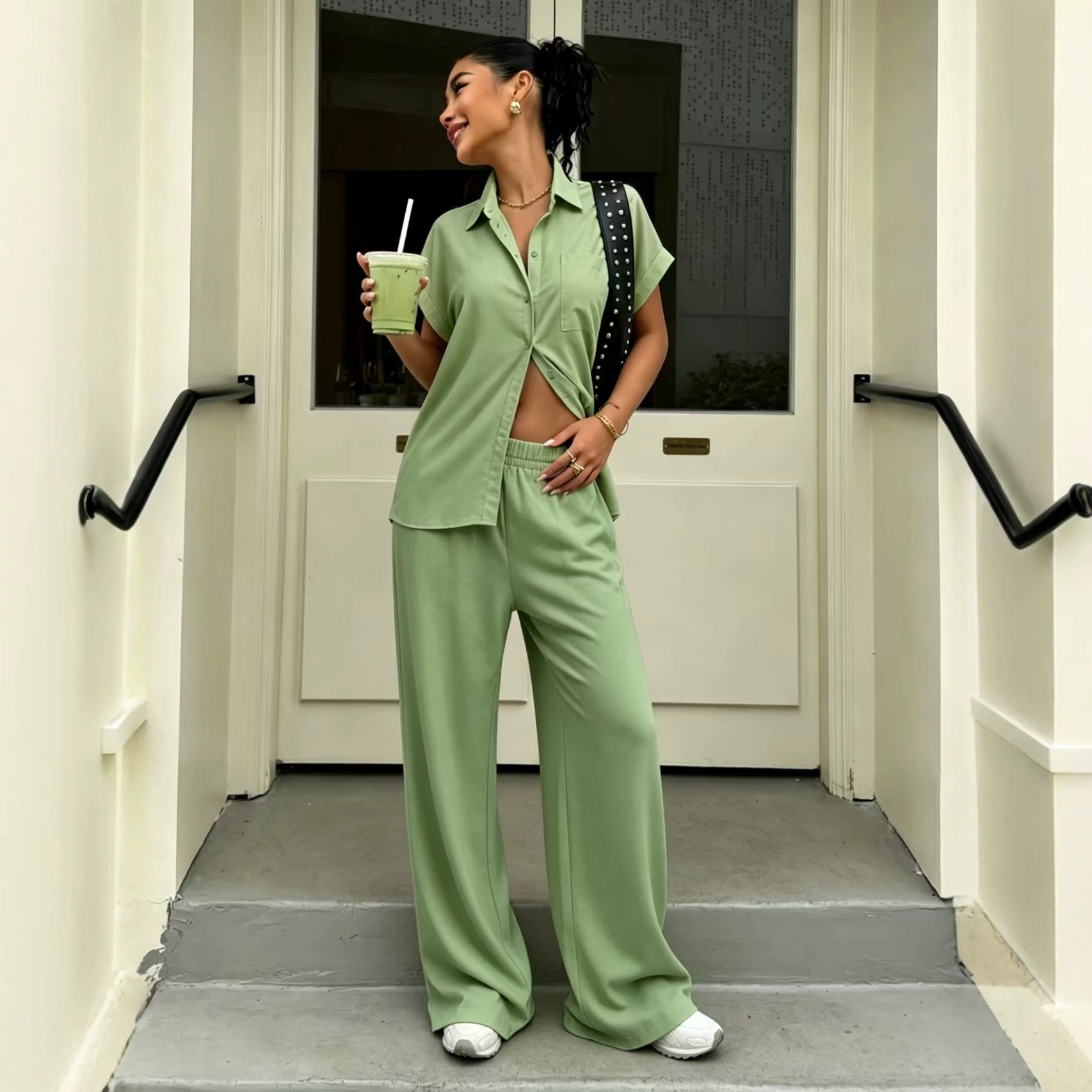 Women's Collared Short Sleeve Button Shirt & High Waist Wide Leg Pants Set