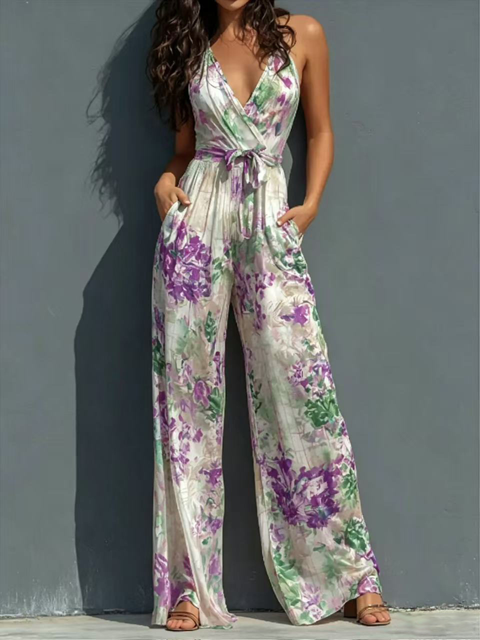 Women's Halter Deep V Printed Jumpsuit High Waist Tie Wide Leg