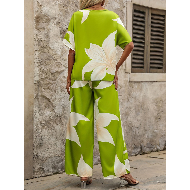 Floral Print V-Neck Batwing Sleeve Top and Wide-Leg Pants Two-Piece Set
