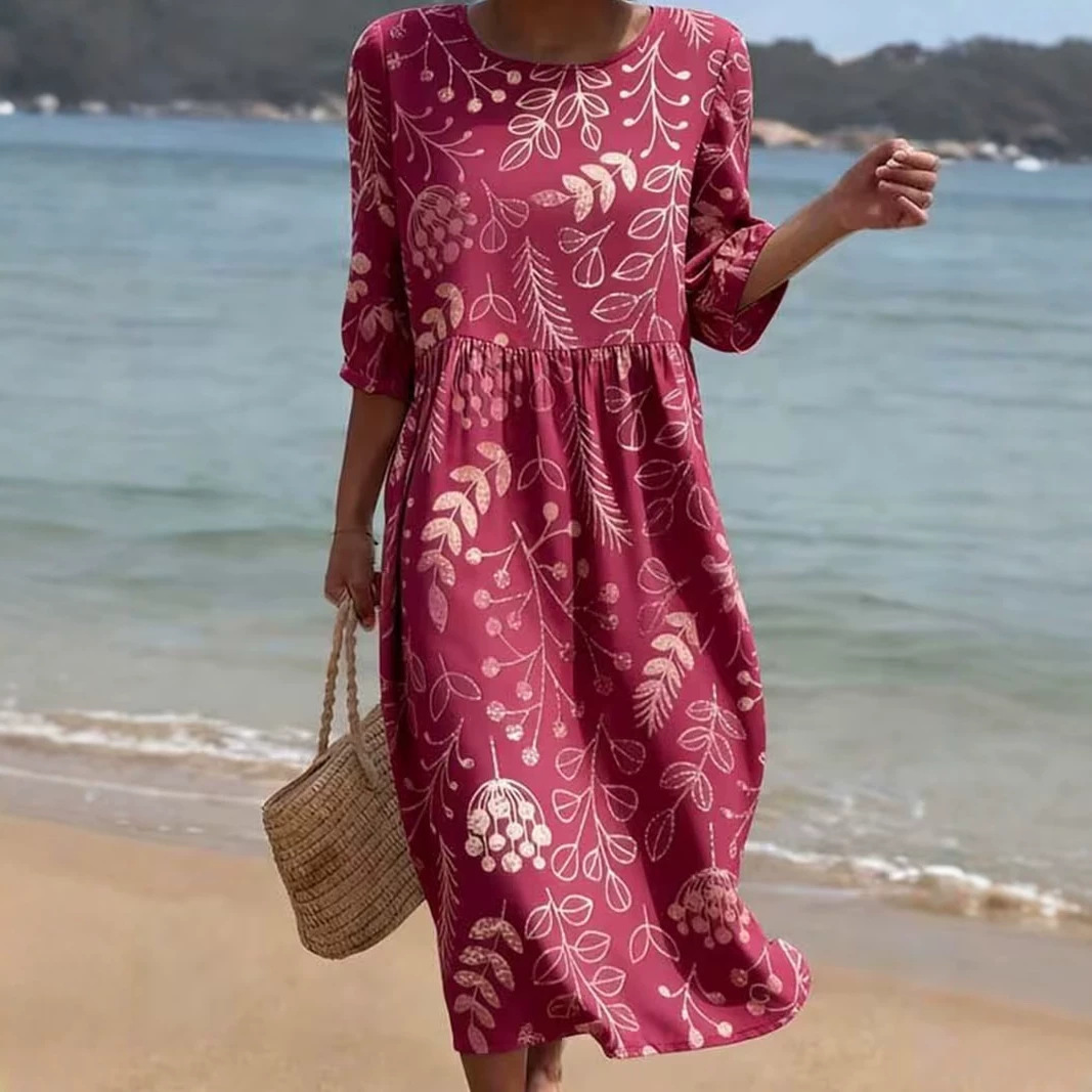 Women's Vintage Floral Print Pleated Midi Dress