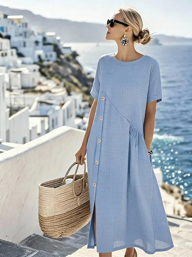 Women's Side Button Ruched Waist Midi Dress Casual Vacation