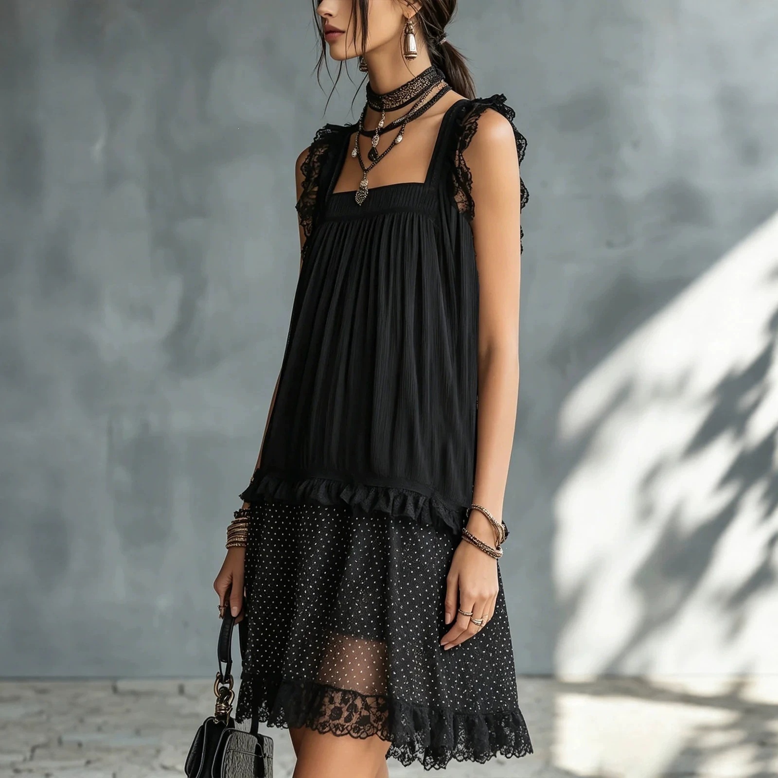Women's Sleeveless Black Lace Patchwork Dress Round Neck Short