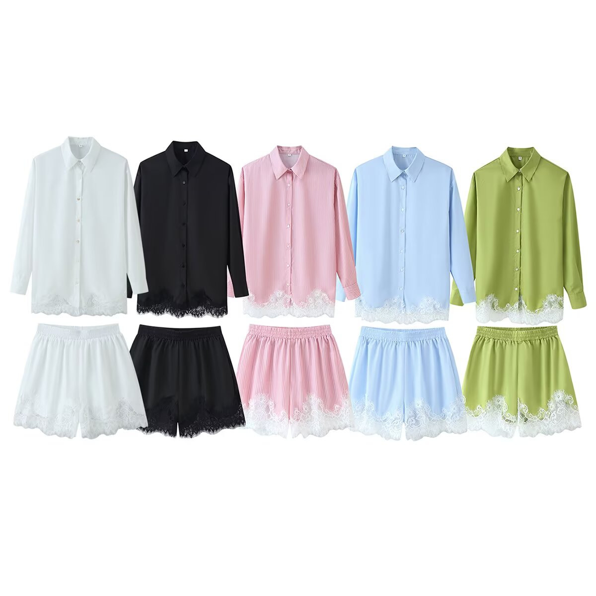 Women's Lace-Trim Shirt and Shorts Set Casual Two-Piece Outfit