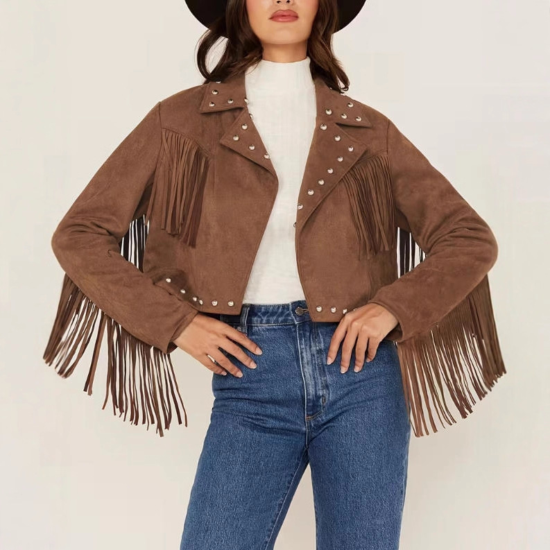 Fringe Suede Vest with Studs Sleeveless Hippie Jacket Cropped