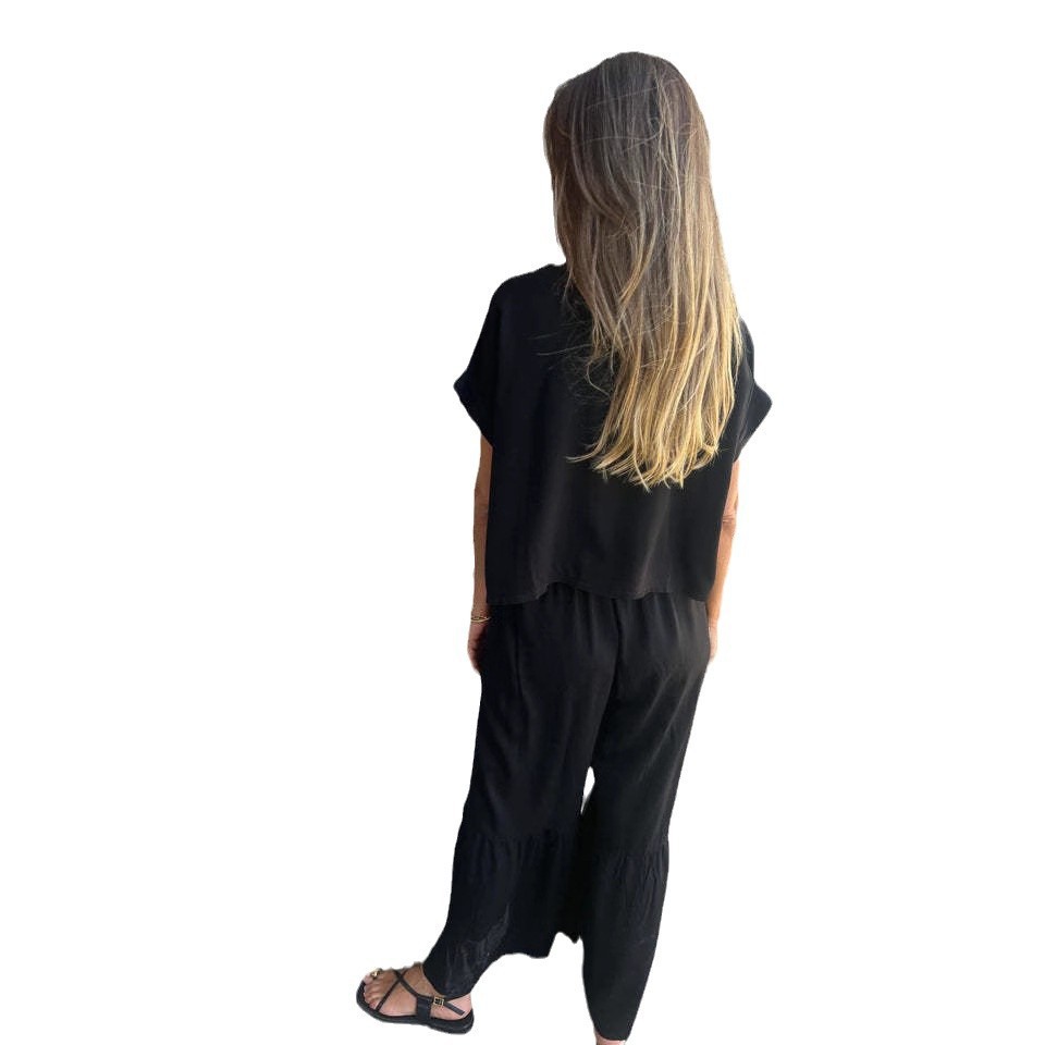 Women's Solid Color Cotton-Linen Short Sleeve Two-Piece Set