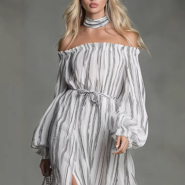 Off-Shoulder Striped Chiffon Long Sleeve Maxi Dress