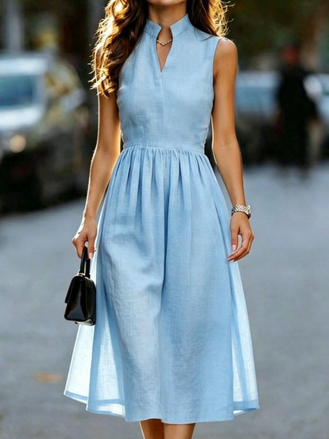 French Stand Collar Sleeveless Linen A-Line Midi Dress