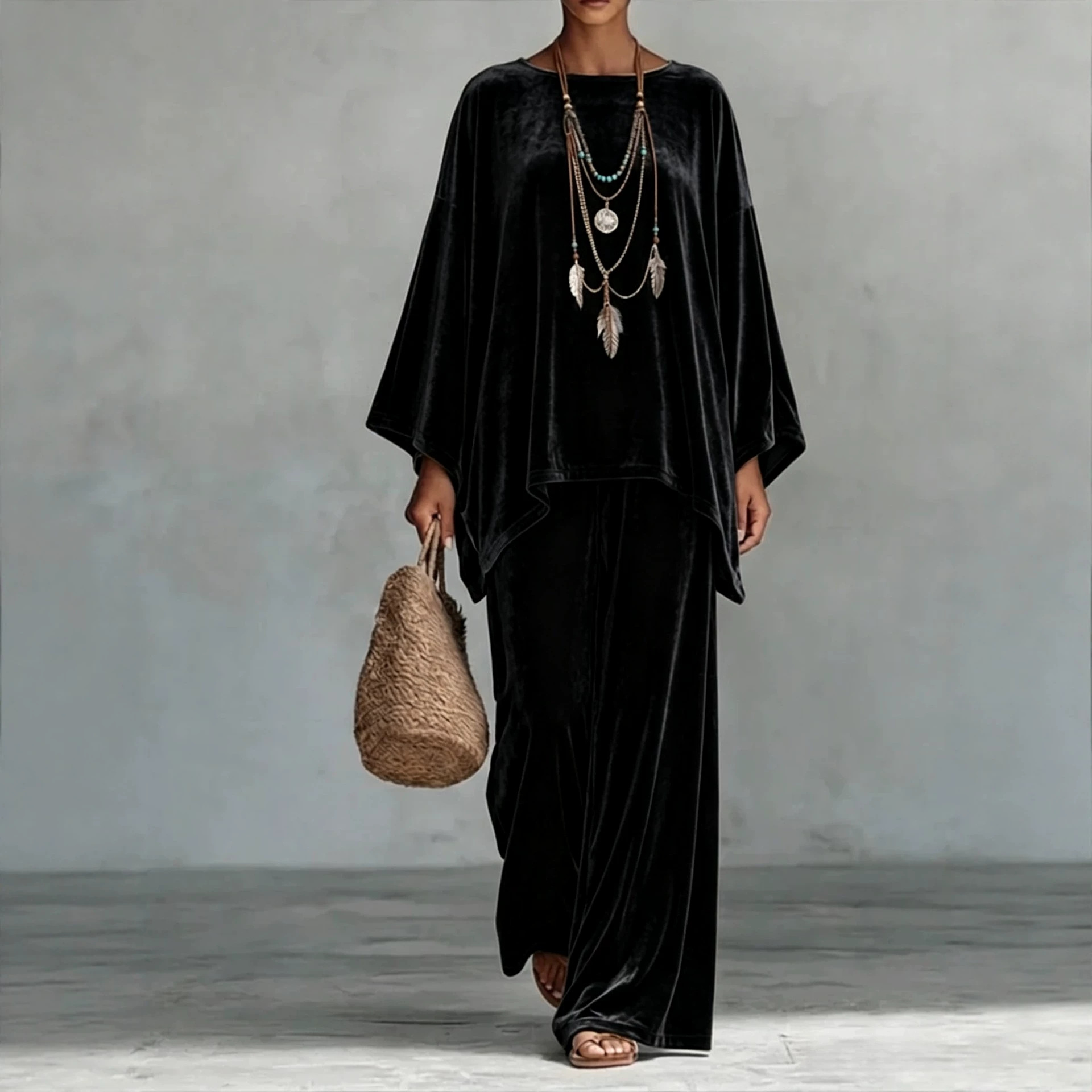 Women's Velvet Round Neck Long Sleeve Shirt and Wide Leg Pants Set