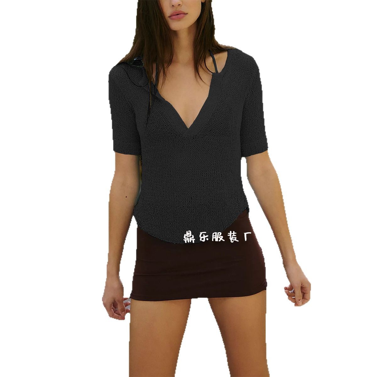 Women's Loose Solid V-Neck Knit Top Short Sleeve Pullover