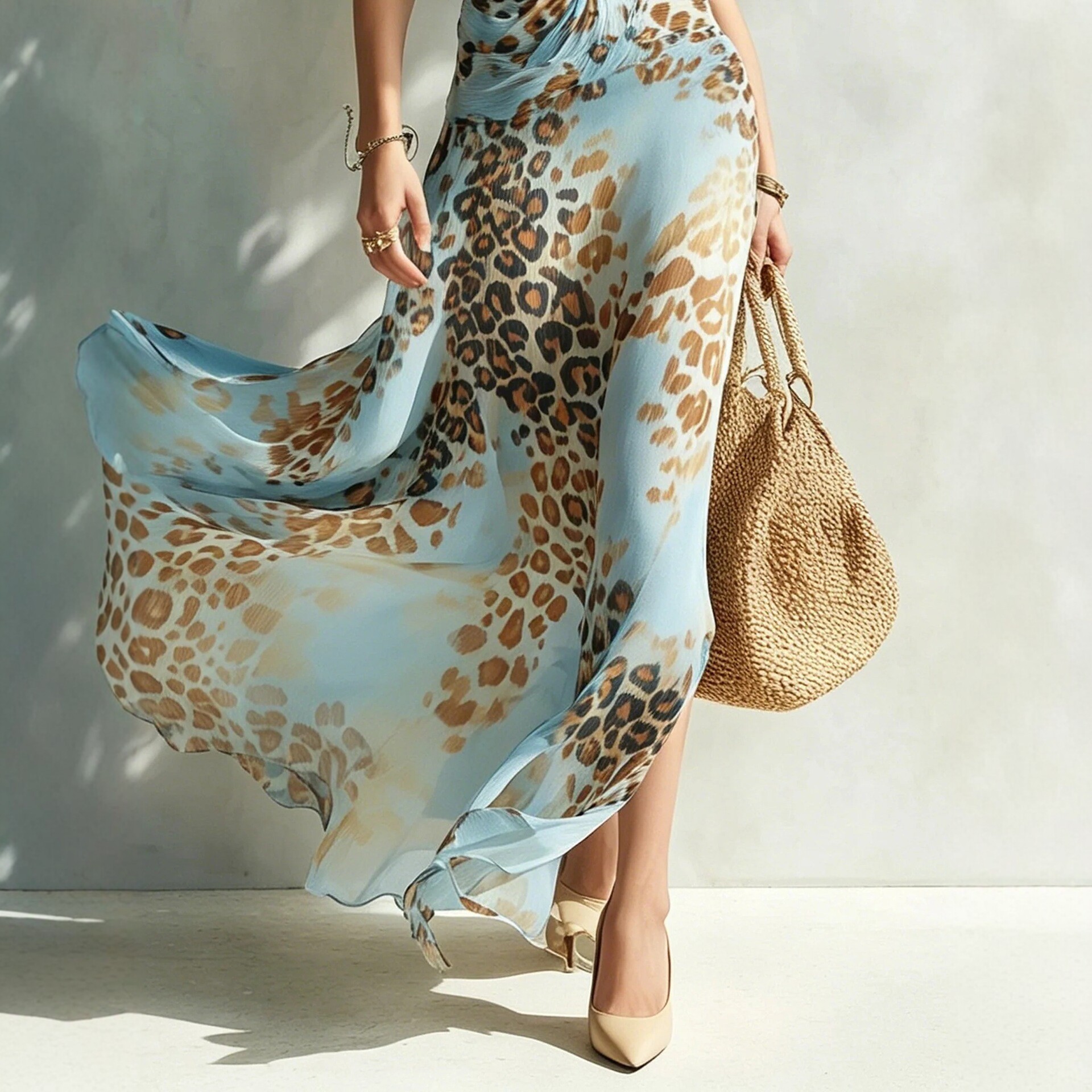 Leopard Print Halter Neck Split A-Line Midi Dress