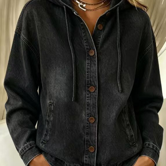 Women's Washed Denim Hooded Bomber Jacket Casual Long Sleeve