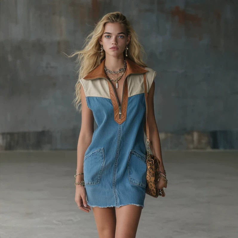 Blue Denim Mini Skirt with PU Collar, High Waist, Slim Fit