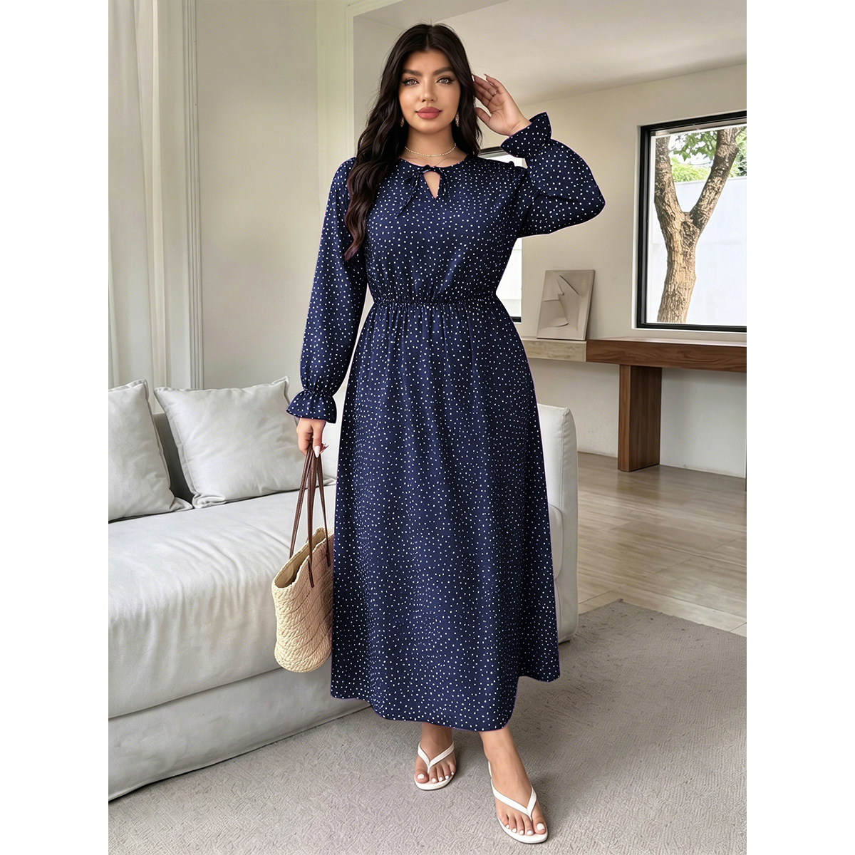 Plus Size Polka Dot V-Neck Tie-Waist Long Sleeve Maxi Dress