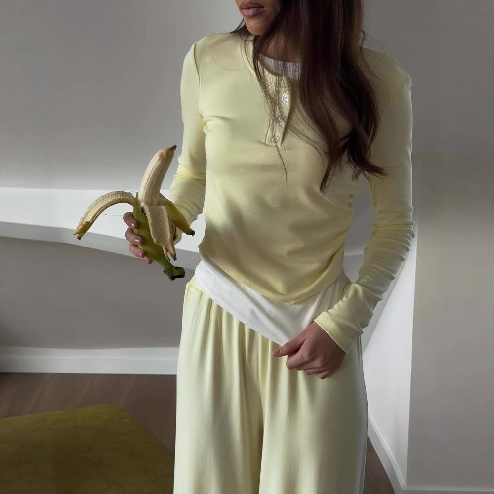 Women's Solid Color Long Sleeve Faux Two-Piece T-Shirt and Pants Set Casual Two-Piece Outfit
