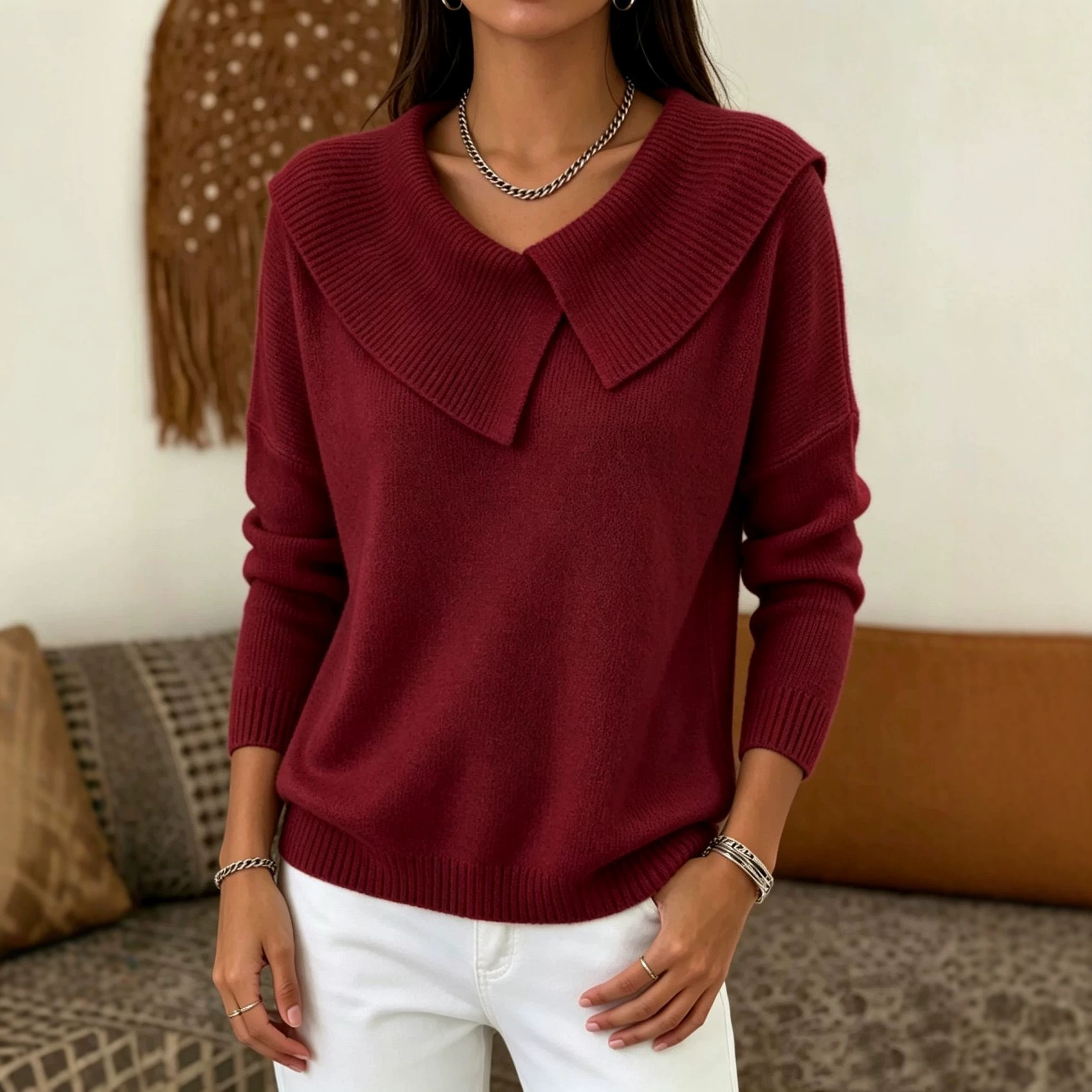 Korean Retro Doll Collar Knit Sweater Slimming Pullover