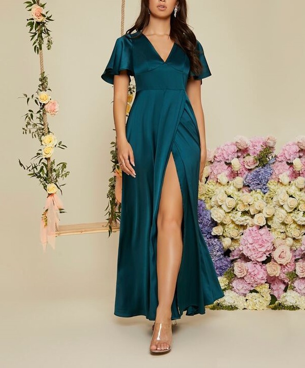 Women's Solid V-Neck Short Sleeve High Waist Long Dress