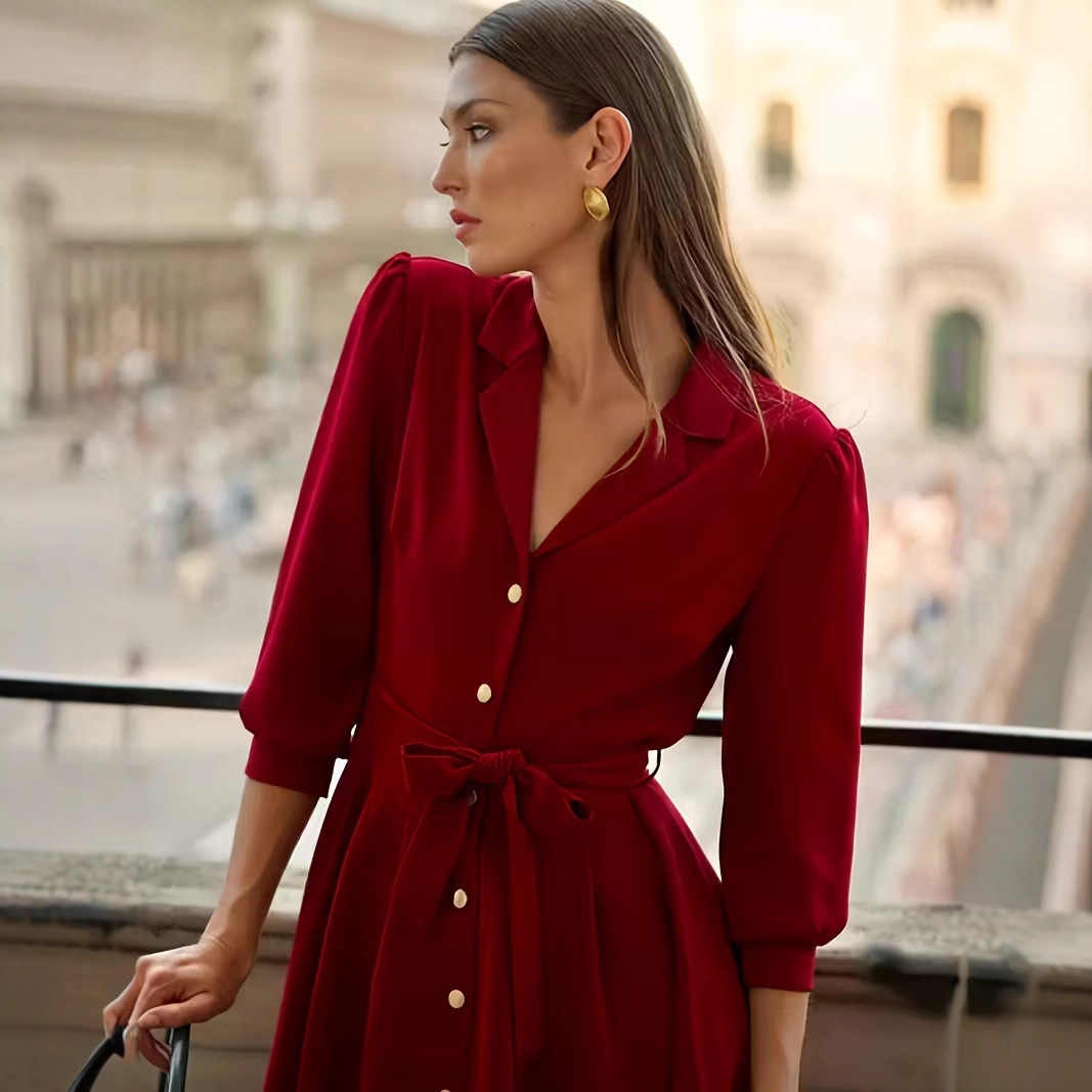 Elegant Retro A-Line Shirt Dress with Tie and Puff Sleeves