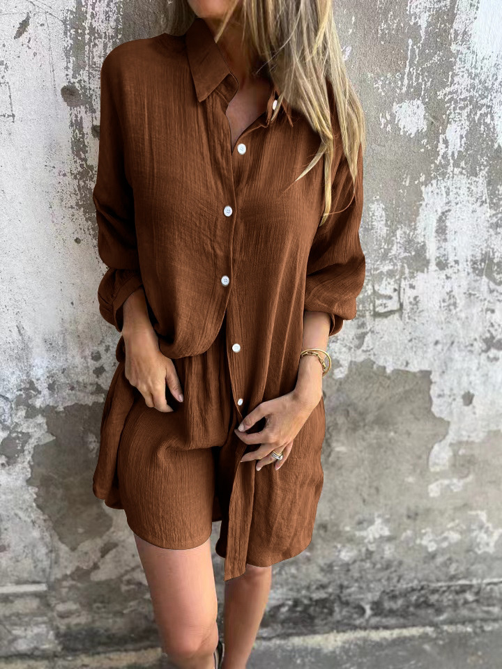 Women's Printed Long-Sleeve Collared Shirt and Shorts Set