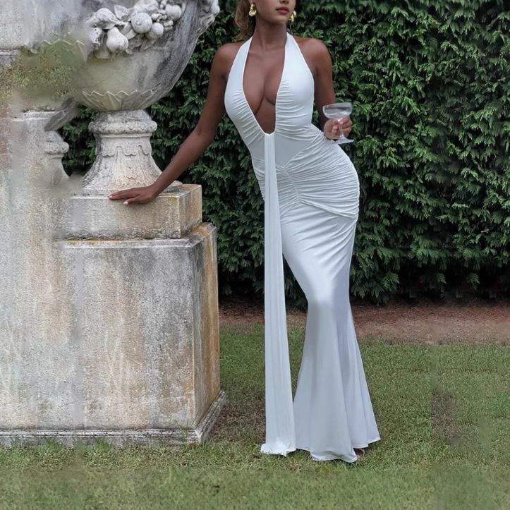 Elegant Solid Halter Deep V Mermaid Maxi Dress with Open Back and Sash