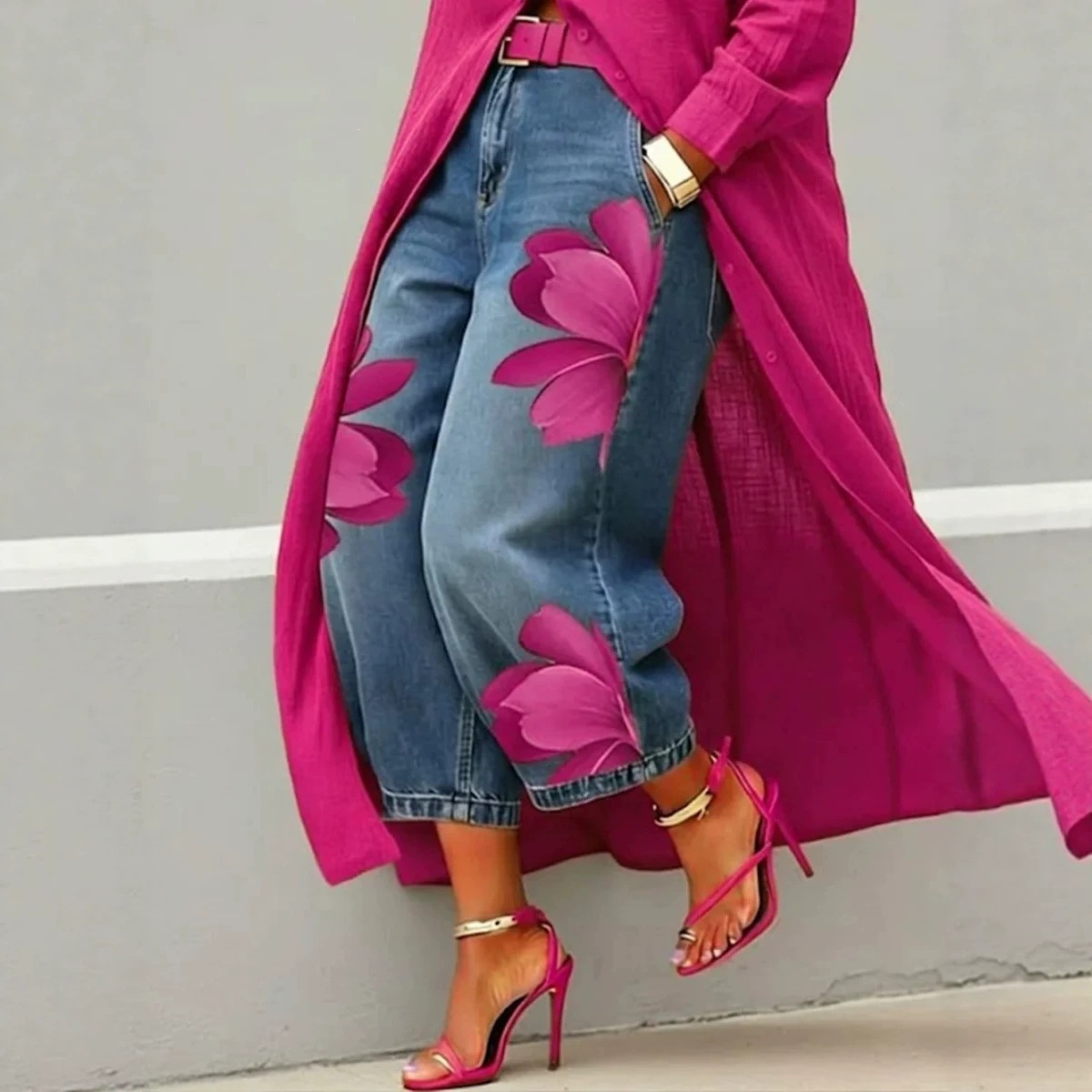 Faux Denim Print Wide-Leg Pants for Women, Loose Fit, Comfortable, Versatile