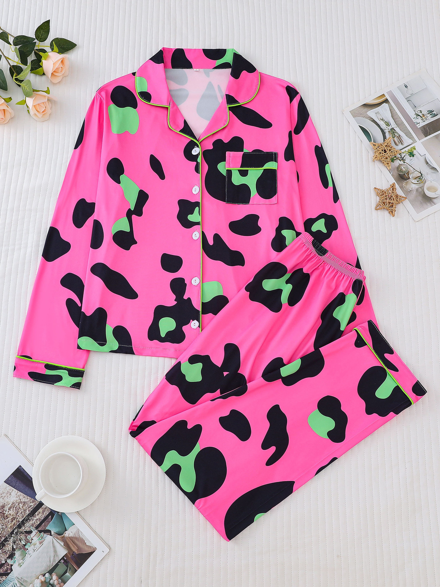 Cuban Collar Animal Print Women's Pant Set