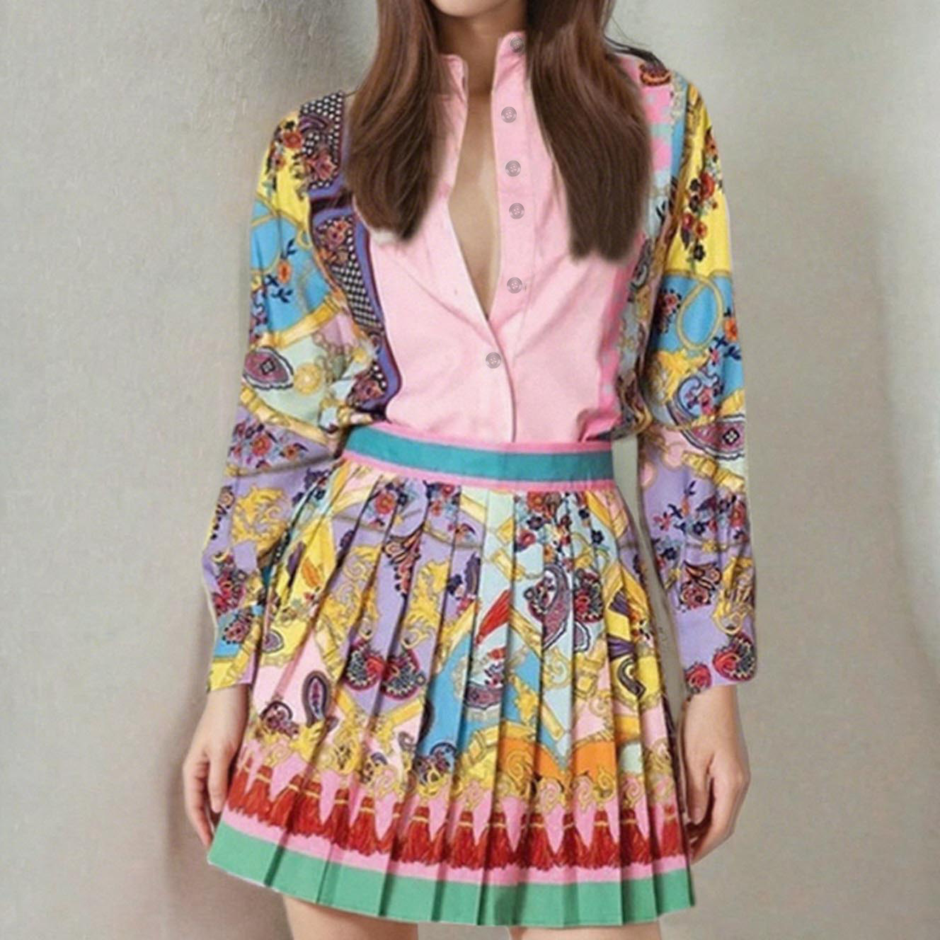 Women's Retro Print Shirt and Pleated Skirt Two-Piece Set