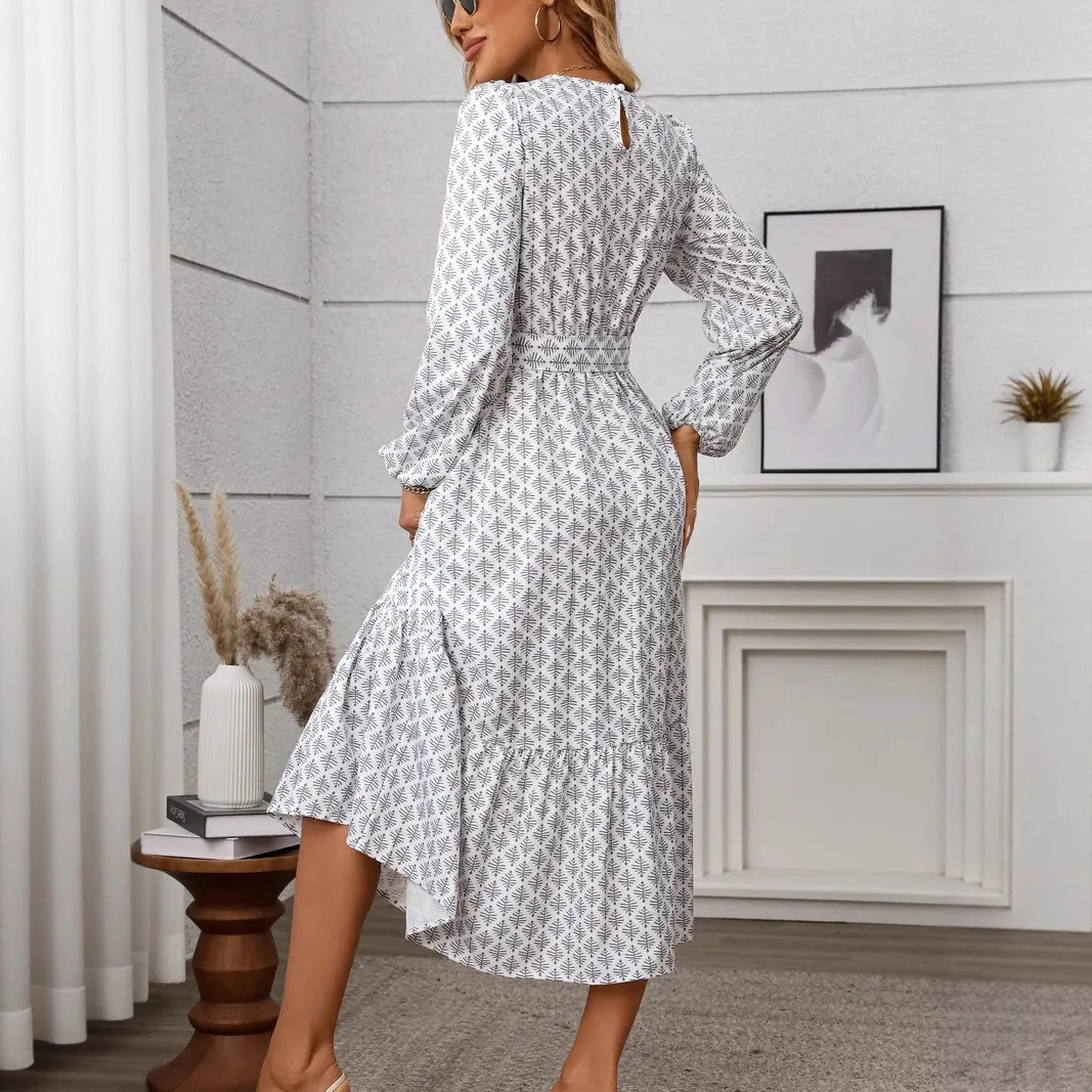 Elegant Floral Print Lantern Sleeve Ruffle Hem Tie-Waist Long Dress