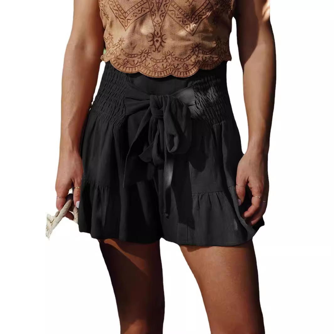 Women's Tie-Waist Ruffle Wide-Leg Shorts Cotton-Linen Blend
