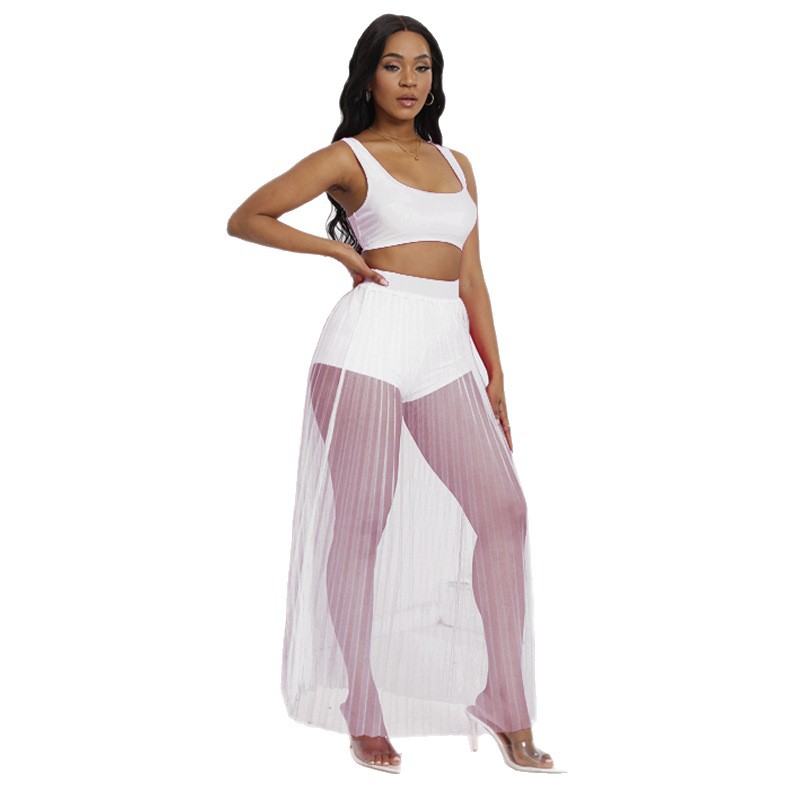 Women's Sheer Pleated Mesh Tank Top Skirt Shorts 3-Piece Set