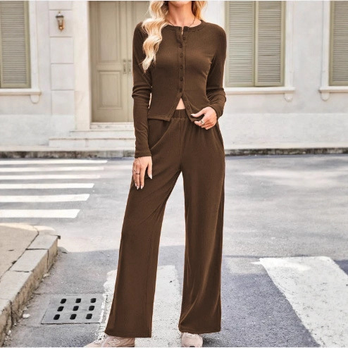 Women's Ribbed Long Sleeve Button Top and Wide Leg Pants Set