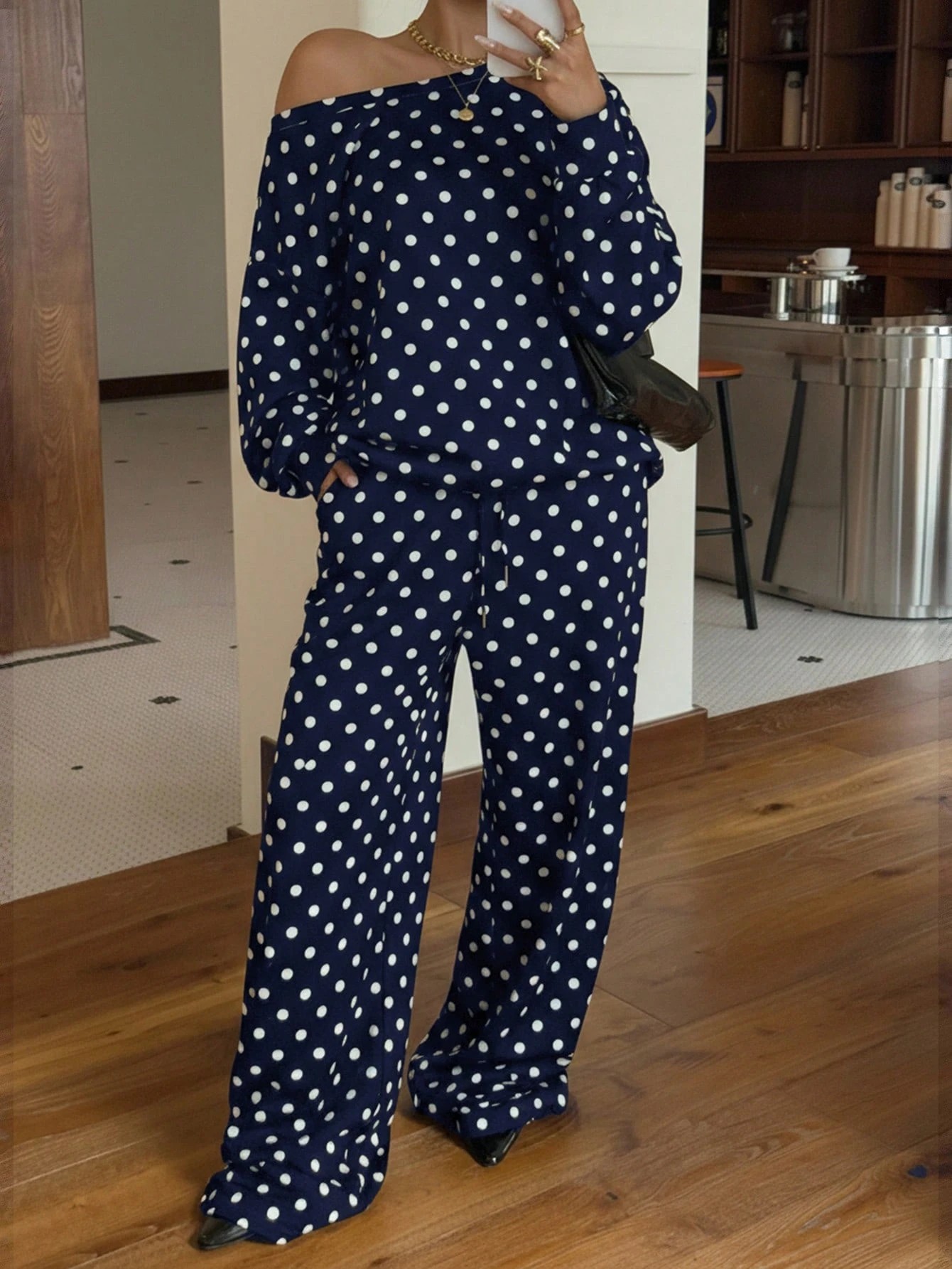 Women's Polka Dot Print One-Shoulder Long Sleeve Drawstring Pants Casual Set