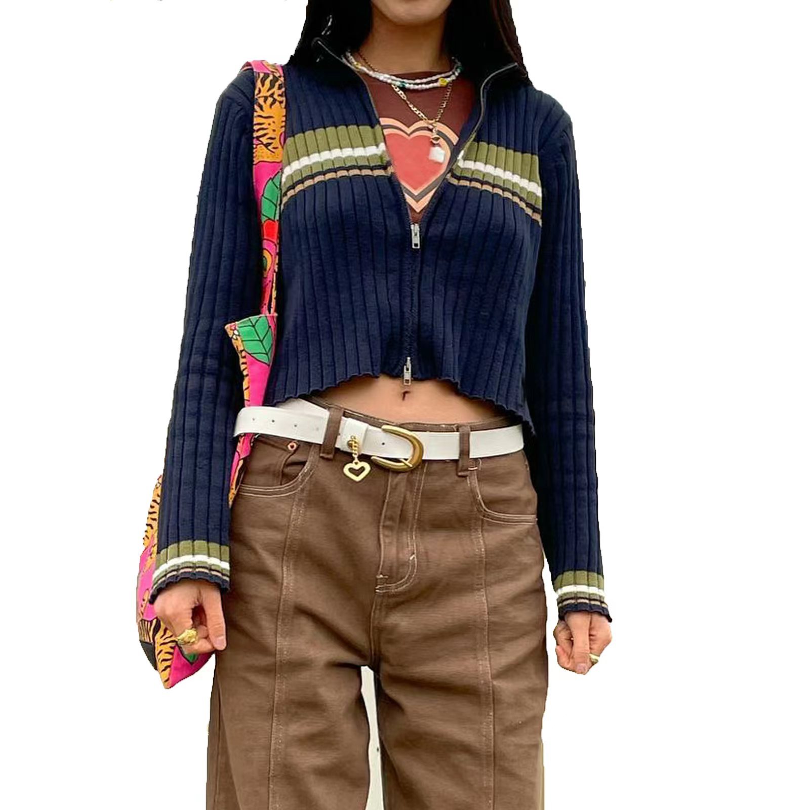 Color-Block V-Neck Zip-Up Cardigan