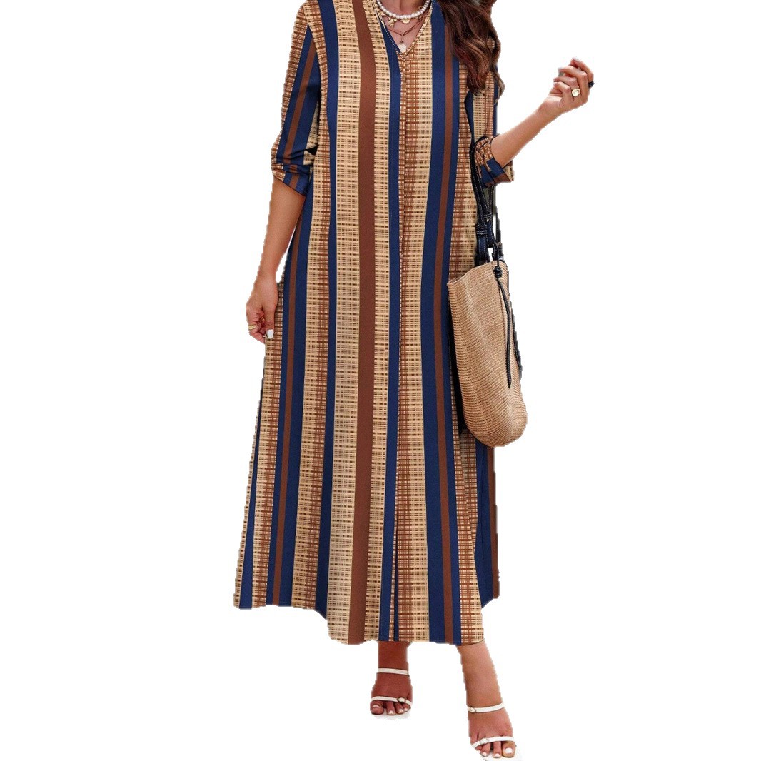 Striped V-Neck Long Sleeve A-Line Maxi Dress in Camel