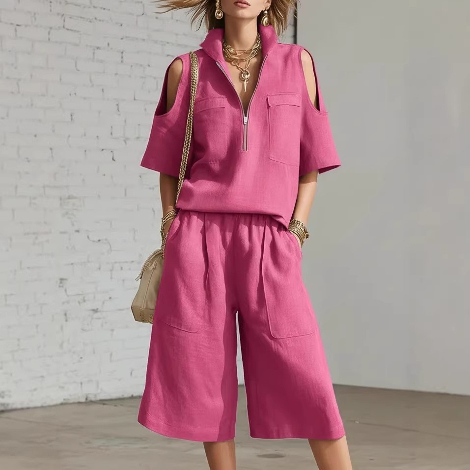 Women's Short Sleeve T-Shirt and Shorts Set Solid Color Loose Fit